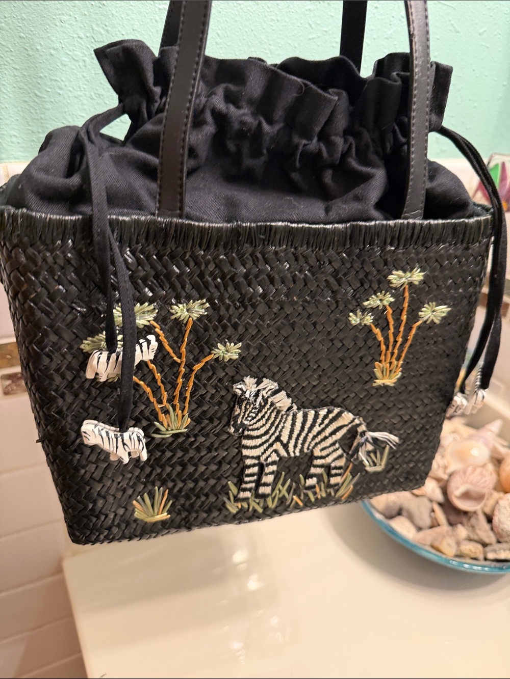 Black Woven Zebra Tote with Embroidered Safari Motif - Picture 3 of 6